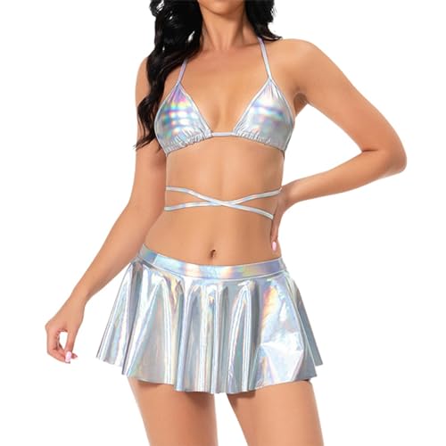 Conjunto de bikini para mujer, bufanda de satén moderna, para mujer, para el pelo, para la playa, pañuelos para el cuello, accesorios ligeros para bolsos de mano, bikini, pantalones altos, plata, S