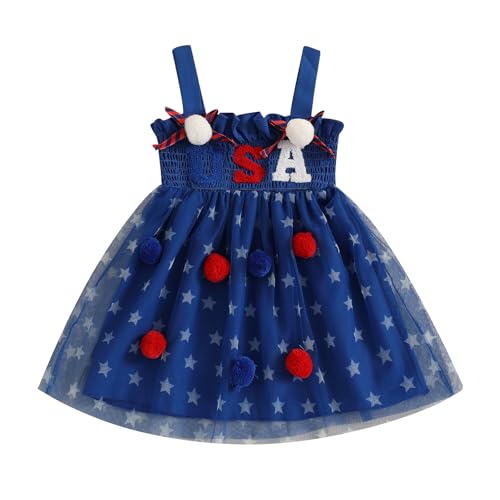Toddler Baby Girl 4th of July Smocked Dress Summer Tulle Tutu Princess Dresses Fly Sleeveless A-line Swing Sundress (D-Blue, 2-3 Years)