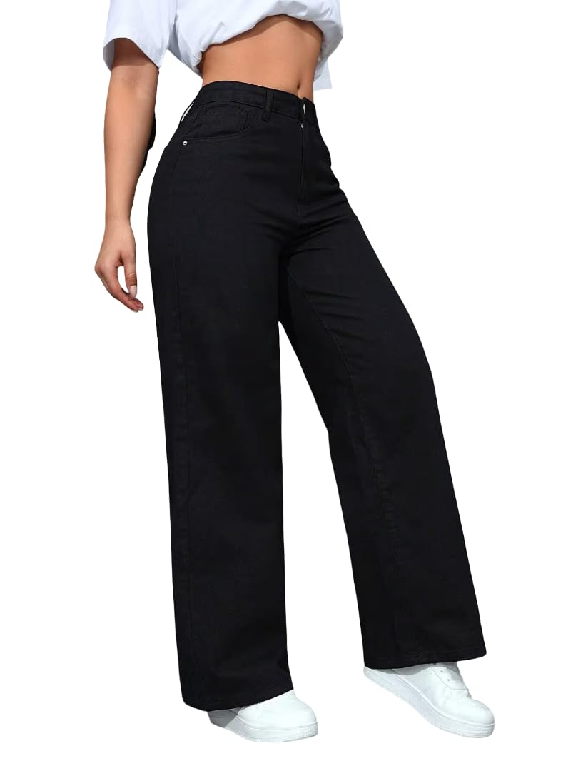 Women’s High Rise Wide Leg Jeans | Relaxed Fit Baggy Denim Pants | Stylish Straight Fit Comfortable Casual Wear Jeans for Women (Black)