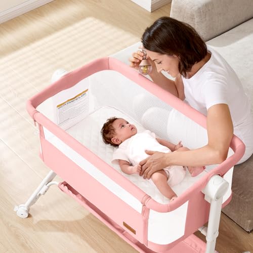 Image of Taylengrow Baby Bassinet Bedside Sleeper - All-Mesh Design, Portable Bedside Bassinet for Baby with Washable Mattress, 5 Adjustable Heights (Pink)