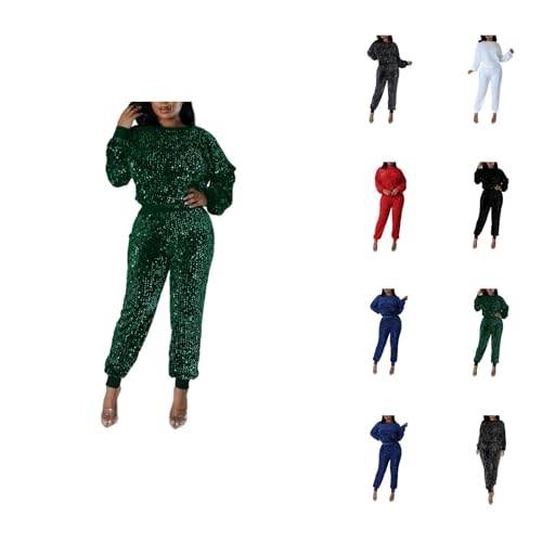 MCILLO Sequin Track Suits for Women Set Glitter Sparkle Crewneck