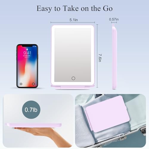 Image of FUNTOUCH Rechargeable Travel Makeup Mirror Lights, Portable 72 Led Lighted Makeup Mirror, 3 Color Lighting, Dimmable Touch Screen, Type C, Tabletop LED Folding Cosmetic Vanity Mirror-Purple