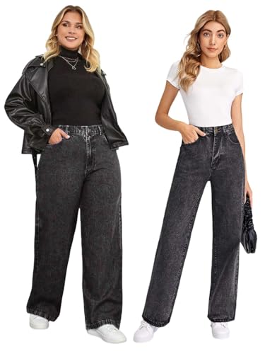 Image of KOTTY Women's High Waist Wide Leg Button Coin Pocket Straight Fit Jeans Stylish Regular to Plus Size Fit Denim Jeans for Women