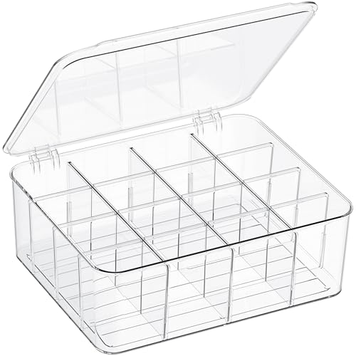 Sock Underwear Organizer, 16 Compartment Adjustable Dividers Tie Socks Underwear Drawer Organizers for Closet, Clear Plastic Storage Containers Box with Lids for Ties Scarf Socks Bras
