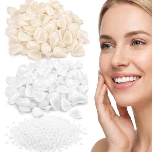100 Pcs Fake Teeth Temporary Tooth Repair Kit - 50 A1 + 50 A2 Shades Veneer Teeth + 0.7oz Thermal Moldable Adhesive Beads, DIY Replacement Caps Dental Fix Missing Broken Chipped Teeth Filling
