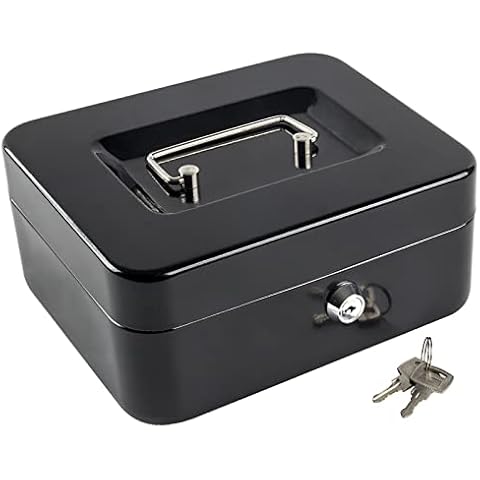KYODOLED Medium Cash Box with Money Tray,Small Safe with Key,7.87"x 6.30"x 3.54" Black Cover