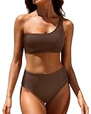 Tempt Me Women Brown Two Piece Swimsuits Ribbed One Shoulder Bikini Sets Mid Waist Bathing Suit S