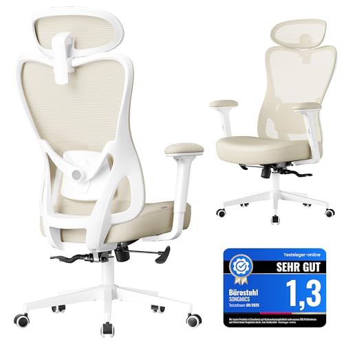 SONGMICS Bürostuhl ergonomisch, Schreibtischstuhl, Computerstuhl, verstellbare Lenden- und Kopfstütze, bis 150 kg belastbar, höhenverstellbar, sandbeige OBN066LF01