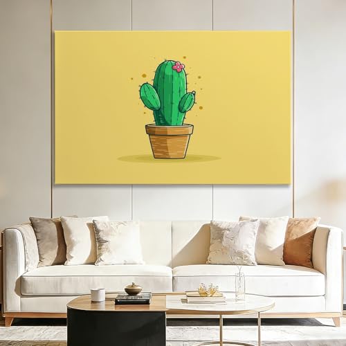 Tableau Cactus Cartoon 40x30 cm : cadre en bois avec affiche mignonne pour déco salon et bureau