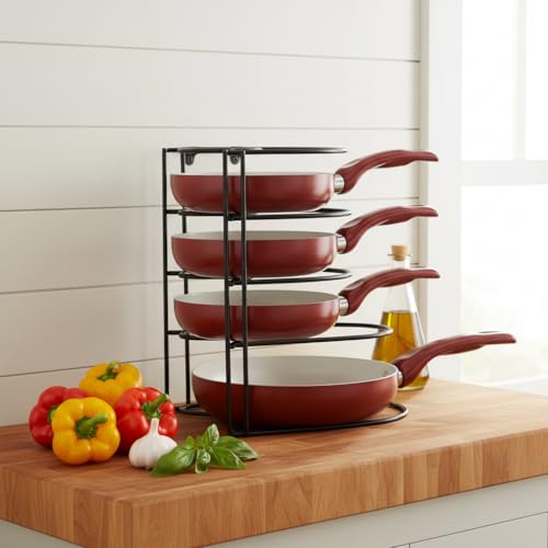 Image of Metal Pan and Pot Stand, Multipurpose Dish Drying and Storage Stand for Plates, Lids & Chopping Boards, Rust-Resistant Black Finish