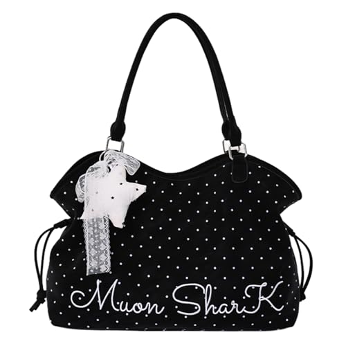 SDSFGX Sac Hobo à pois pour femme - Joli sac à main Y2k sous les bras avec breloque étoile - En cuir synthétique - Pour l'école et le travail, Noir