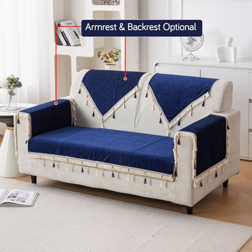 Image of HOKIPO 'Serenity Tassel' Chenille 2 Seater Sofa Cover with Tassel - Sapphire Navy (IN-891-NBL)