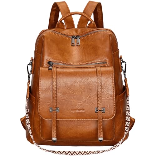 Leathario Mochila Mujer de Cuero PU con Multibolsillos, Mochila Casual y Funcional para Uso Diario, Viajes, Escuela y Universidad Marrón Esmaltado