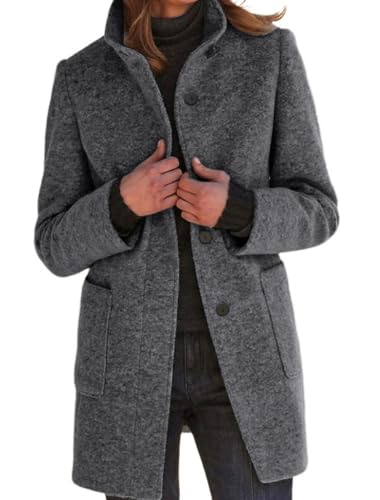 CHARTOU Women Winter Long Pea Coat Wool Blend Stand Collar Single Breast Thicken Blazer Jacket (XX-Large Grey)