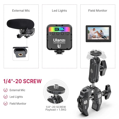 ULANZI Super Clamp Camera Clamp Mount Monitor 360° Ballhead Magic Arm Double Ball Head Adapter with 1/4"-20 & 3/8"-16 Thread for Canon Nikon DSLR Camera/Gopro/LED Lights/Ronin-M/Ronin MX/Freefly MOVI - Image 8