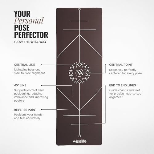 Image of Wiselife True Body Alignment Yoga Mat + Sleek Yoga Strap For Men And Women | Non-Slip Textured Extra Wide & Thick | Pro Balance Eco-TPE Exercise Mat For Home, Pilates, Gym & Fitness (6MM,BROWN)