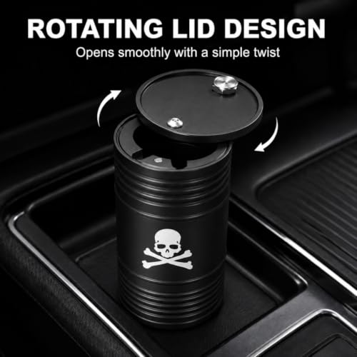 Image of Car Ashtray with Lid Smell Proof Ash Tray, Portable ashtray for car cup holder (Black, Skull Pattern)