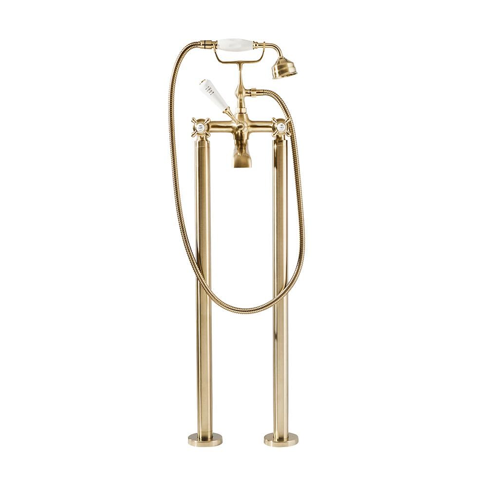 Milano Brushed Brass Elizabeth Freestanding Bath Shower Mixer Tap Crosshead Handles