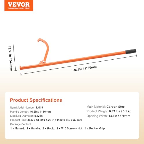 VEVOR Cant Hook Tool, 46.5 in, Heavy Duty Steel Log Roller, Log Lifter Timber Jack 32" Dia Logs, Forestry Logging Tools, Dual Function Log Handler for Rolling and Clamping Logs by VEVOR - Image 7