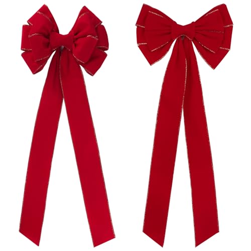 GEBETTER 2Pcs Lazos Rojos Navidad 65x26 cm Tela Flocada Poliéster Bordes Hilo Dorado, Lazos Navideños Decoración Puerta Árbol Navidad Guirnalda Escalera Ventana Pared Casa Hogar Manualidades Adorno