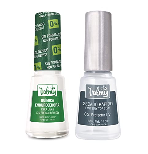 VALMY Pack Tratamiento Fortalecedor de Uñas: Química Endurecedora Libre de Formaldehído + Top Coat Secado Rapido, Esmaltes Protectores y Endurecedores, Aporta Brillo y Protección, 14ml c/u(2 unidades)