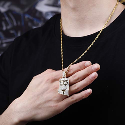 Topgrillz Men 14K Gold Plated Iced Out Cz Simulated Diamond Big Stones Crown Jesus Piece Pendant Necklace With Stainless Steel Chain Hip Hop (5 Big Stones) #TOP5