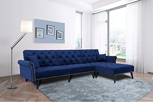 elvet Fabric Sectional Sofa Set Corner Couch with Chaise Lounge Living Room Furniture (Navy Blue) - Thumbnail 6