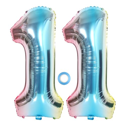 SNOWZAN Globo con número 11 XL con el número 11. Globo arcoíris para niña o niño, globos con número 11 para decoración de cumpleaños, color azul, rosa iridiscente, 11 años, globo de 32 pulgadas