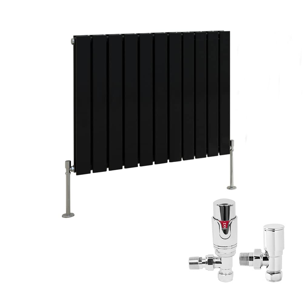 NRG 600 x 748mm Radiator Horizontal Double Flat Panel Design Bathroom Heater Central Heating Radiators Black with Free Thermostatic Valves