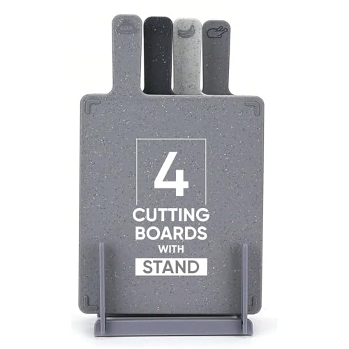 Easeity Stylish Cutting Board Set – 4 Food-Safe Boards with Non-Slip Edges and Removable Stand, Gray