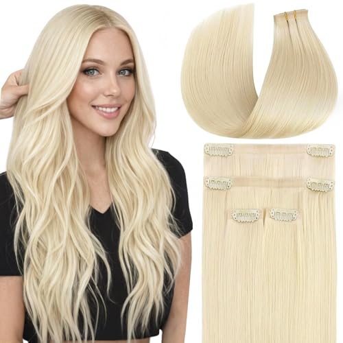 Image of Full Shine Seamless Clip in Extensions, Light Blonde, Straight | Real Human Hair, 20 Inch 95g 4 Pcs, Crown and Side Fill ins, Soft Silky, Celebration Styling, Long Hair