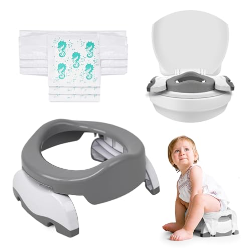 Potette Plus 2-in-1 Compact Universal Potty and Toilet Training Seat | Award-Winning Potty Training Essential for Toddlers (Grey/White)