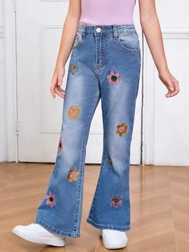 WDIRARA Girl's Floral Print Denim Zipper Fly Pants Button Flared Jeans with Pockets4