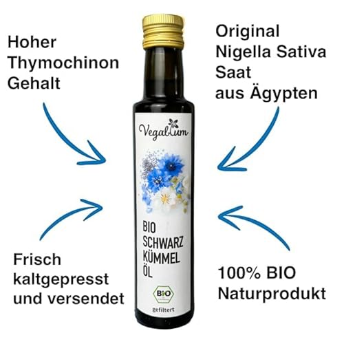 Bio Schwarzkümmelöl gefiltert von Vegablum, Hoher Thymochinongehalt bis zu 1.600 mg, 1. Kaltpressung, 250ml, frisch, ägyptische Saat