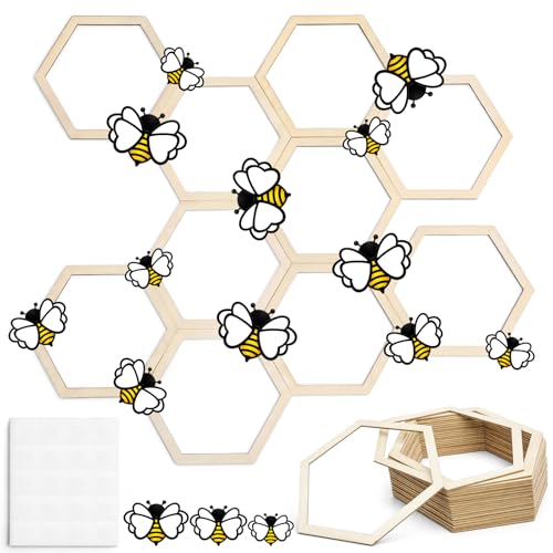 Gerrii 48 Pcs Honey Bee Honeycomb Decorations Include 8.2 Wooden Hexagon 3D Bee Wall Backdrop Decor Honeycomb Beehive Sign for Baby Shower DIY Honeybee Birthday Party Decorations
