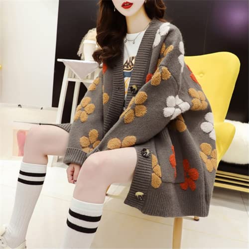 Women Kawaii Floral Cardigan Sweater Kimono Girl Aesthetic Cute Japanese Korean Knit Sweatshirt Preppy Light Academia (Brown,One Size,One Size) #TOP3
