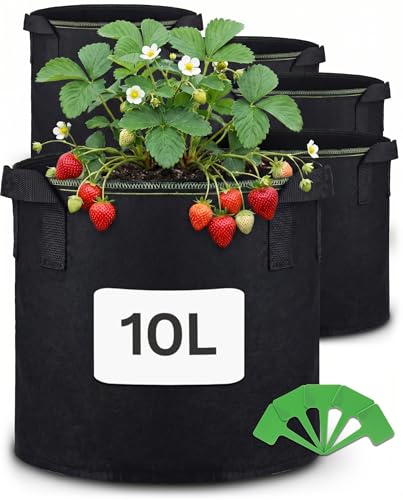 Praknu Sac de Plantation 10l - 5 Sacs a Plantes avec Fenêtre et Étiquettes - Pot Geotextile pour Plantes, Fleurs, Fruits