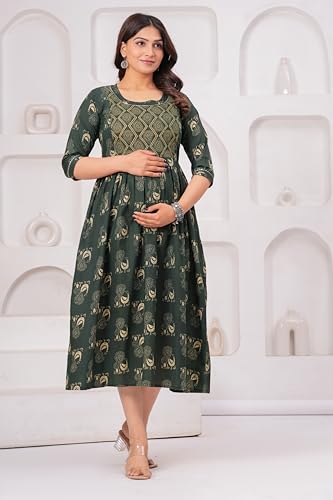 Image of The Moon Star Women's Cotton Floral Printed Anarkali Maternity Feeding Kurti | Breastfeeding Dress for Mothers | Zipper Feeding Kurti, Nursing Kurti, Comfortable and Trendy Maternity Wear