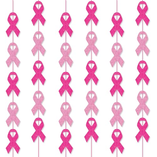 Breast Cancer Awareness Garlands Breast Cancer Awareness Month Decoration 6PCS Pink Ribbon Paper Cutout Garlands Cancer Free Party Hanging Decoration for Cancer Survivor Home Wall Decor Supplies