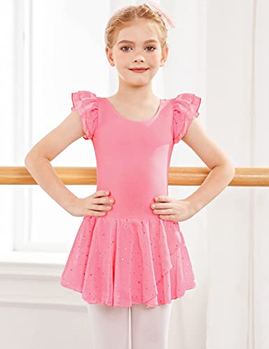 Foto von Kinder Ballettkleidung Ballettkleid Mädchen Kurzarm Baumwolle Balletttrikot Ballettanzug Tanzkleid Tanzbody mit Rock Tütü, Rosa B, 130 / 4-5 Jahre