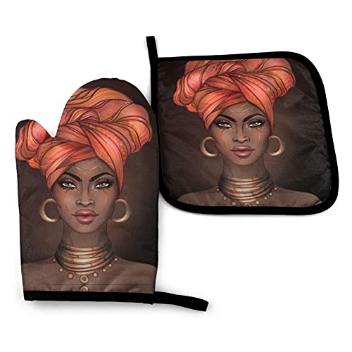 Abucaky African American Black Woman Oven Mitts And Pot Holders Insulated Gloves & Kitchen Counter Safe Mats For Cooking Bbq Baking Grilling (2-Piece Set) #TOP4
