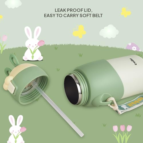 Image of Cello Bunny Kids Stainless Steel Flask 500ml, Green | Double Walled Vacuum Insulated Technology | One Click Push Button to Open | Ideal for School, Sports, Picnics