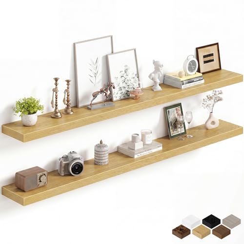 Image of Fun Memories 67Inch Long Floating Shelves, 8 Inch Deep Shelves for Bedroom|Living Room, Wall Mounted Wood Hanging Shelf with Invisible Brackets for Fireplace Mantel Home Storage Decor, Oak - 2 Pack