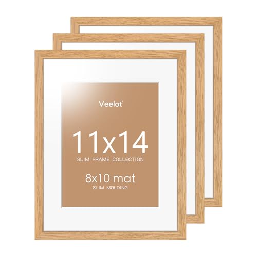 Image of Veelot 3x 11x14 Picture Frame with Shatter-Resistant HD Plexiglass - Use as 8x10 Frame with Mat or Display 11x14 Photo Without Mat - Thin Border Picture Frames for Wall - Natural Oak