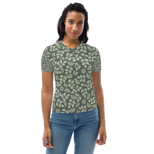 T-shirt femme motif feuilles vertes en coupe droite extensible 4 axes