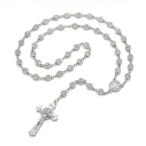 RUDELL Catholic Car Rosary for Men and Women Silver Metal Prayer Beads with Saint Benedict Medal and Crucifix Rosary Necklace for Rear View Mirror Christian Religious Gift for Baptism First Communion and Confirmation