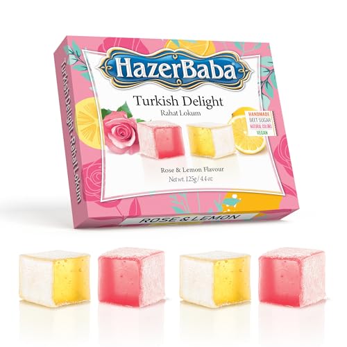 Hazer Baba Turkish Delight Candy, Rose & Lemon Flavored, 4.4 Oz (Pack of 1), Gourmet Snack Box, Traditional, Vegan Snack, Turkish Lokum, Unique Sweets, Loukumi, Delicias Turcas, Halal, Kosher