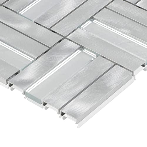 Modket Basketweave Parquet Brushed Aluminum Metallic Mosaic Tile Blended With Glass Insert Mesh Mounted Backsplash Kitchen / Bathroom / Accent Wall Am-599 - Sample #TOP4