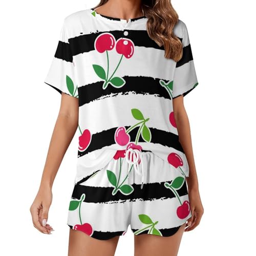 Pyjama femme manches courtes cerise rayée : vêtement de nuit été léger et doux