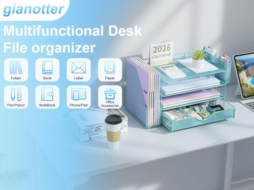 Image of gianotter Desk Organizers and Accessories with File Holder, 4-Tier Desk Accessories & Workspace Organizers with Drawer and 2 Pen Holder, Paper Organizer for Office Supplies (Blue)